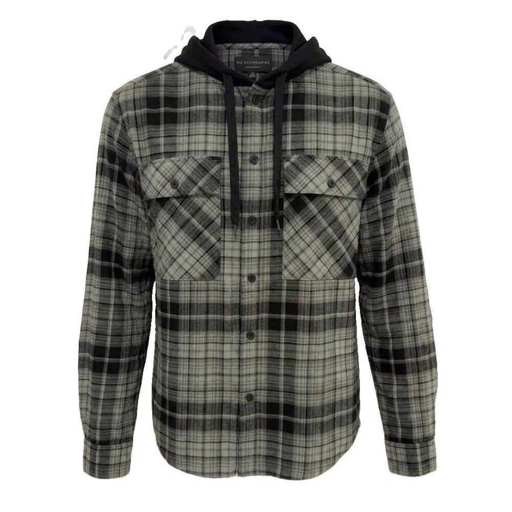 NWT No Boundaries Men's M Green Plaid Hooded Flannel Button Down Shirt